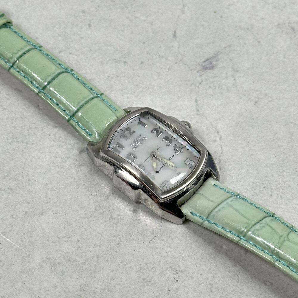 Invicta Lupah Womens Watch 29mm Tank Style MOP Dial Green Leather New Battery